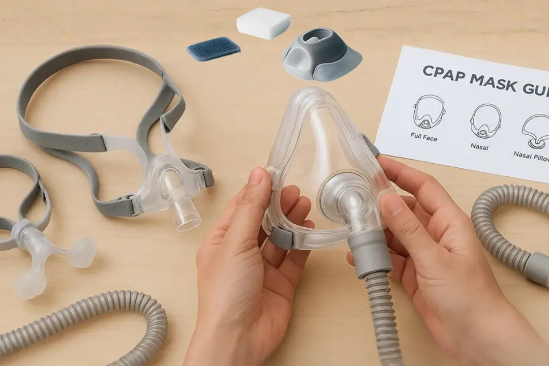 CPAP mask with soft liner, tubing, and filter accessories neatly arranged on bedside table