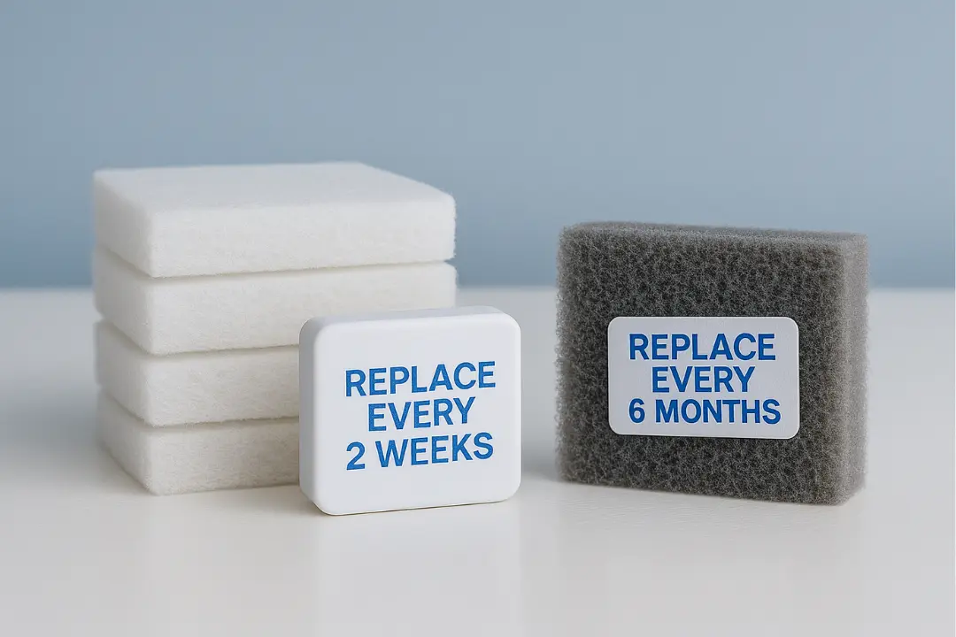 CPAP mask, cushion, and liners displayed neatly on a bedside table