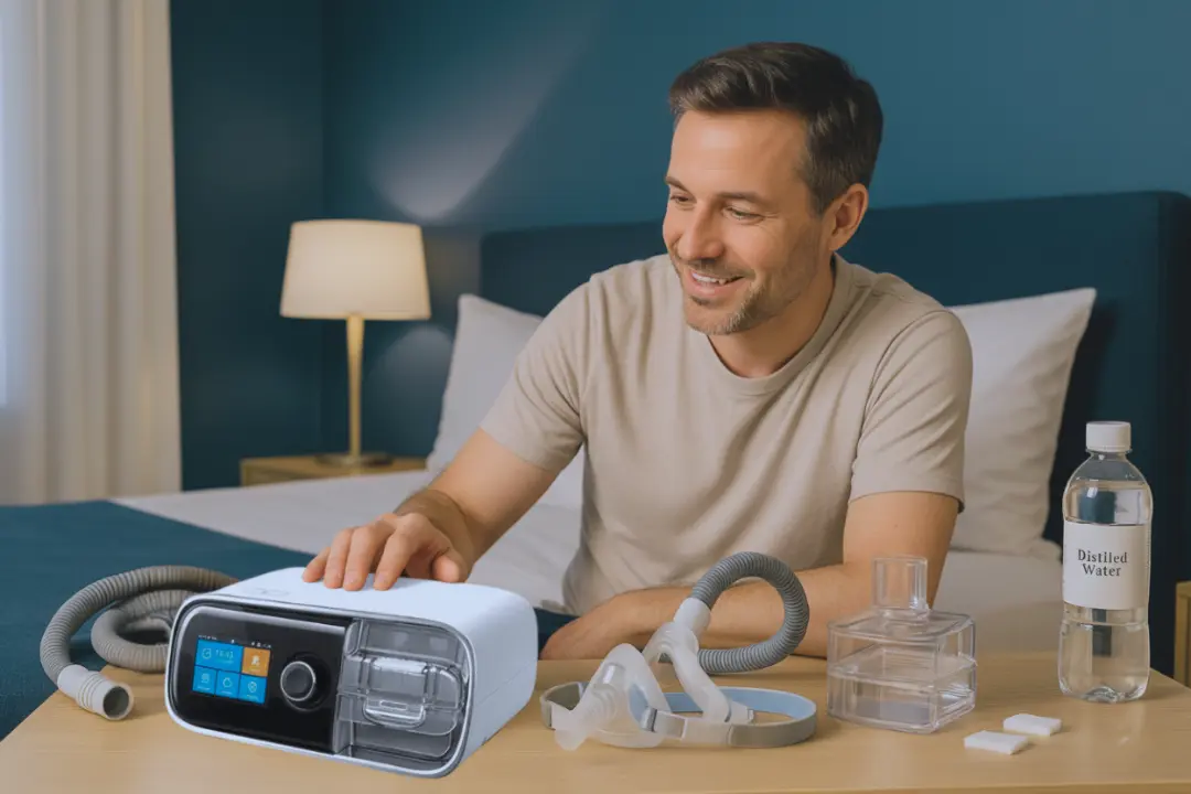 CPAP filters replacement schedule and accessories neatly arranged