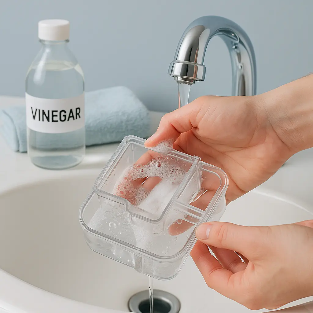 CPAP machine care setup with water chamber, mask, and tubing ready for cleaning