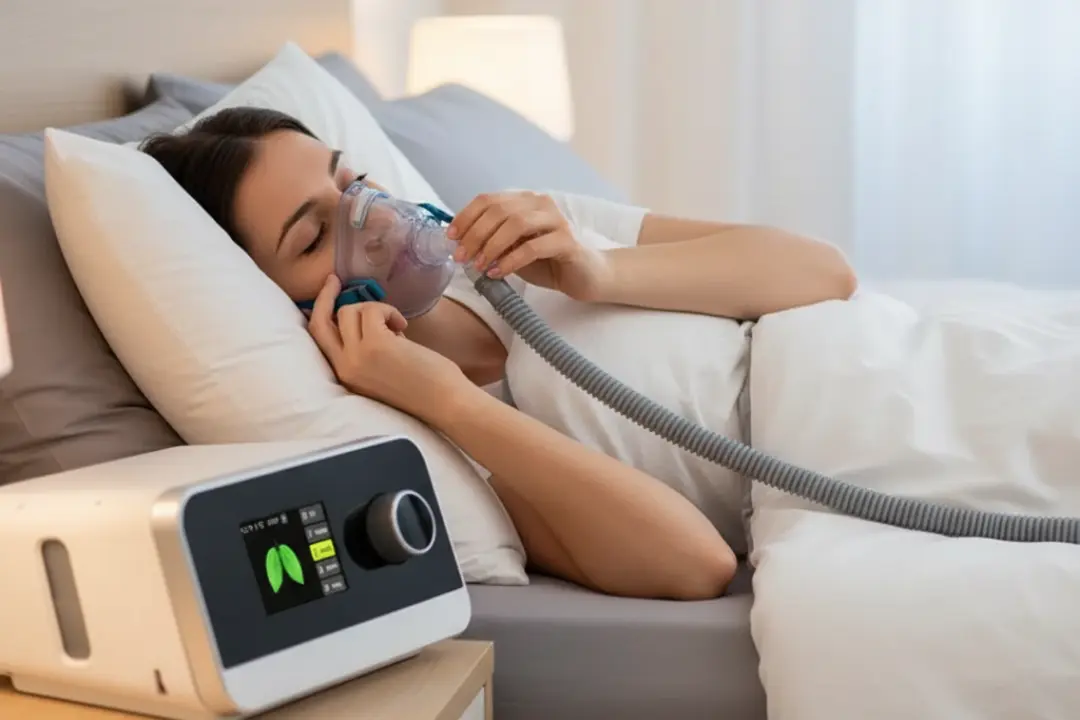 CPAP mask, tubing, and humidifier on a nightstand for troubleshooting