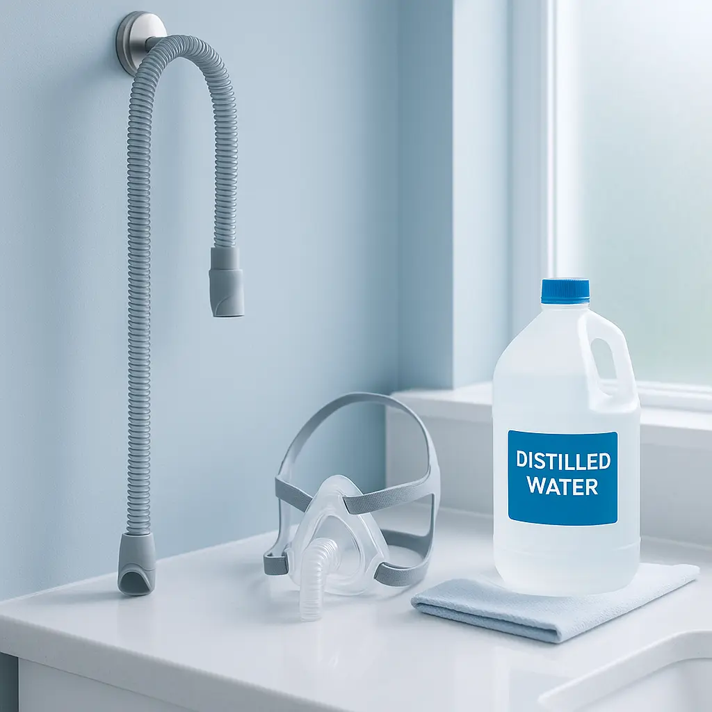 CPAP hose and nasal mask being cleaned with mild detergent and air-dried