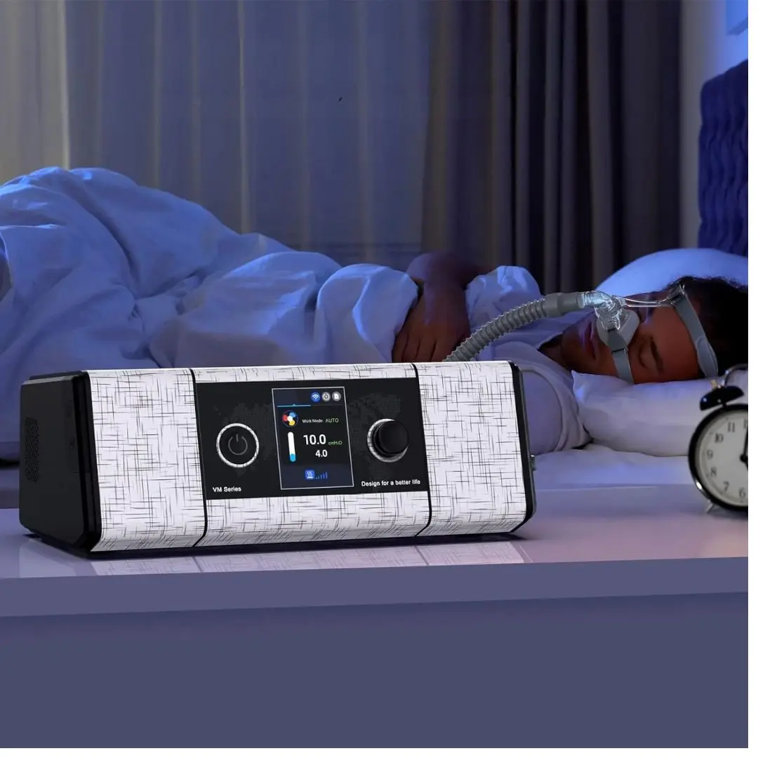 Elegant Sleepap cover design with CPAP machine silhouette and soft breathing waves in blue tones