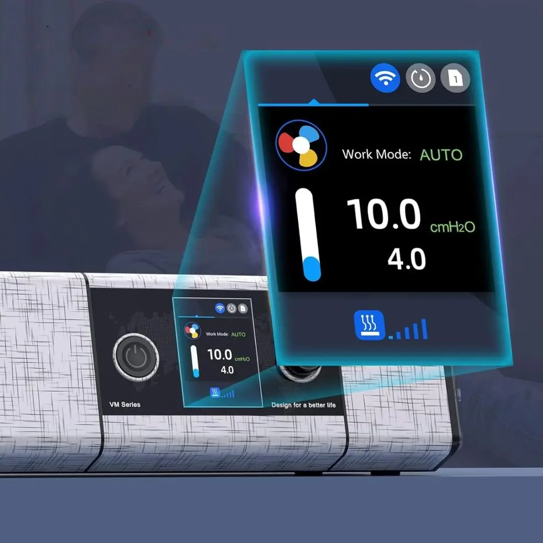 Person sleeping peacefully using an APAP mask connected to bedside machine