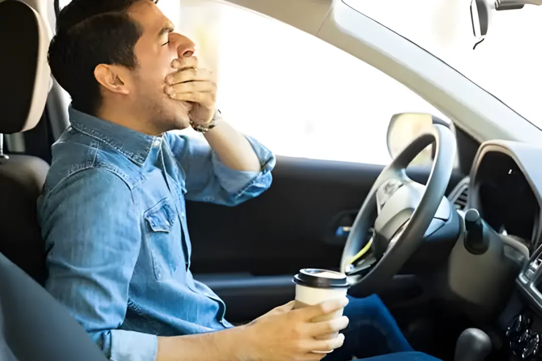 Driver in car using portable CPAP machine before rest