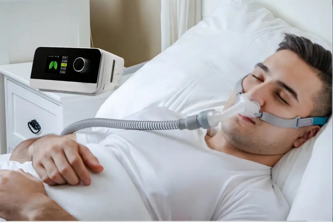 Modern CPAP machine with price tag icon, calm blue gradient background