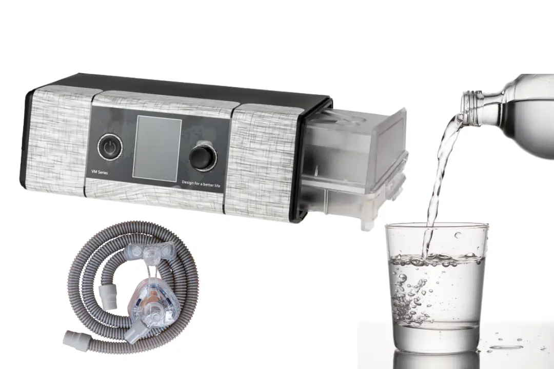 Person adjusting CPAP humidifier settings beside distilled water bottle