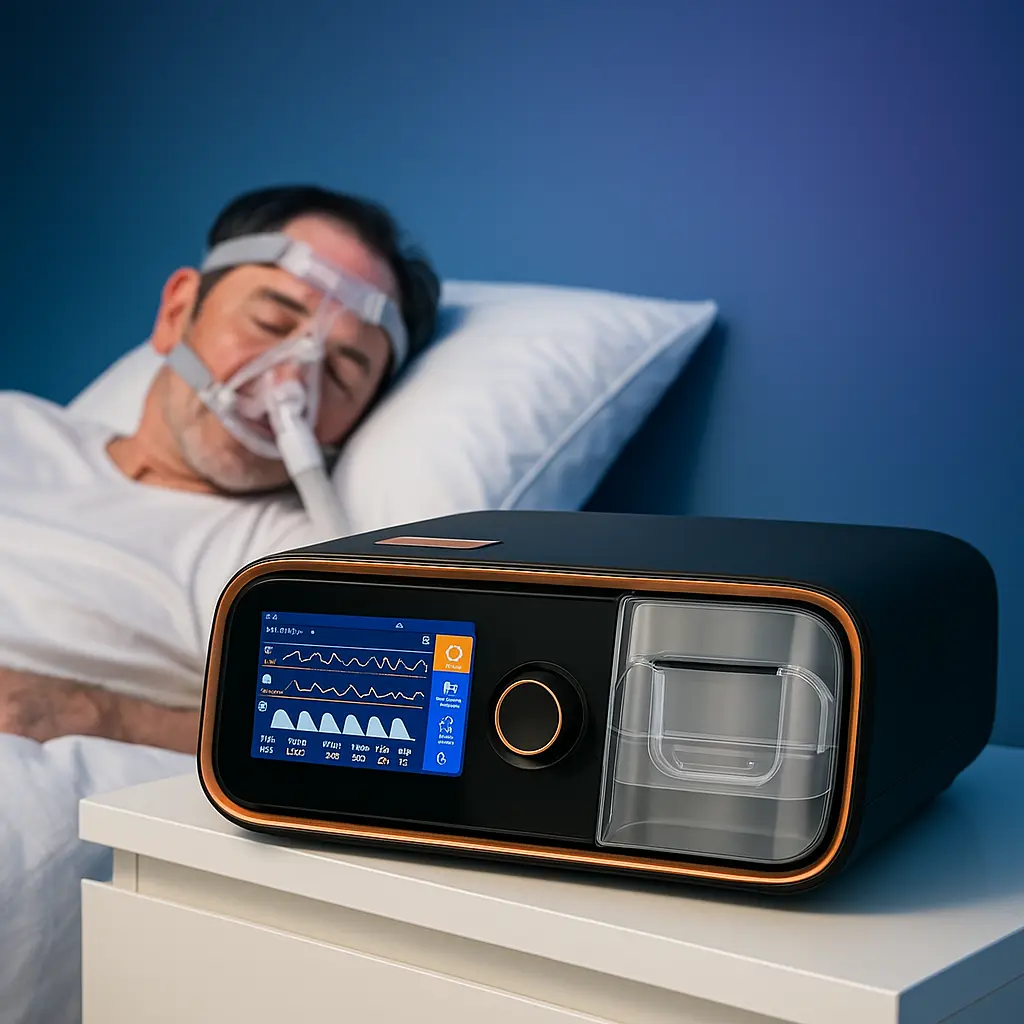 BiPAP machine on bedside table showing dual pressure settings