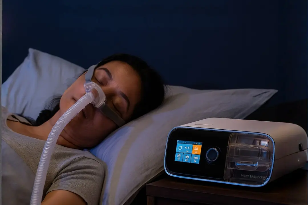 Peaceful bedroom scene with compact CPAP machine on bedside table, soft night light and relaxed sleeper
