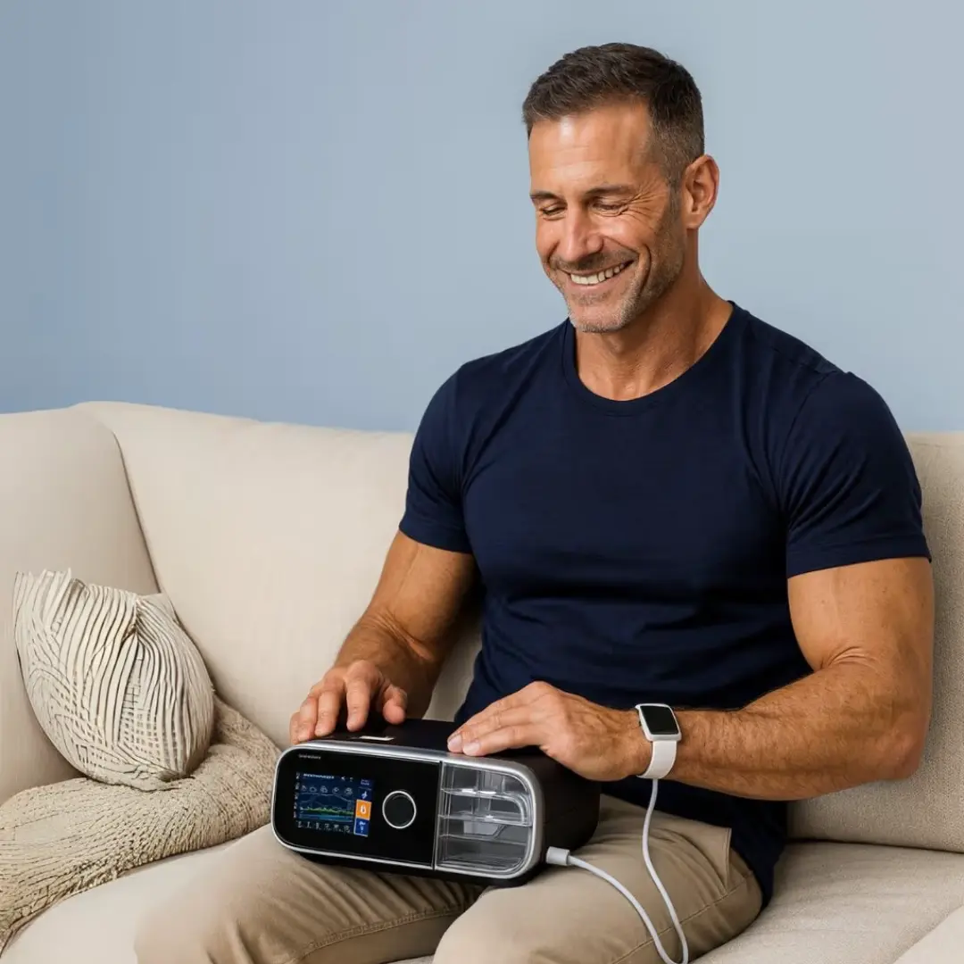 Lifestyle illustration of patient using CPAP with airflow visuals