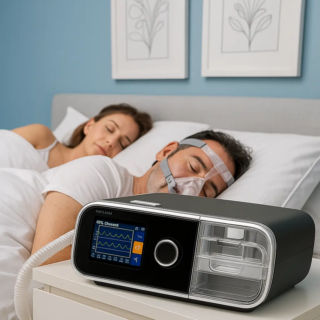CPAP setup with tubing, humidifier, and mask preventing condensation